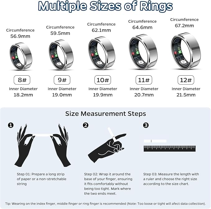 Smart Ring Health Tracker, Sleep Tracker Ring with Heart Rate, Waterproof Fitness Ring for Activity Monitoring/Steps/Distance/Calories, Air Gestures, Up to 7-Day Battery, for iOS Android (Silver,#8)