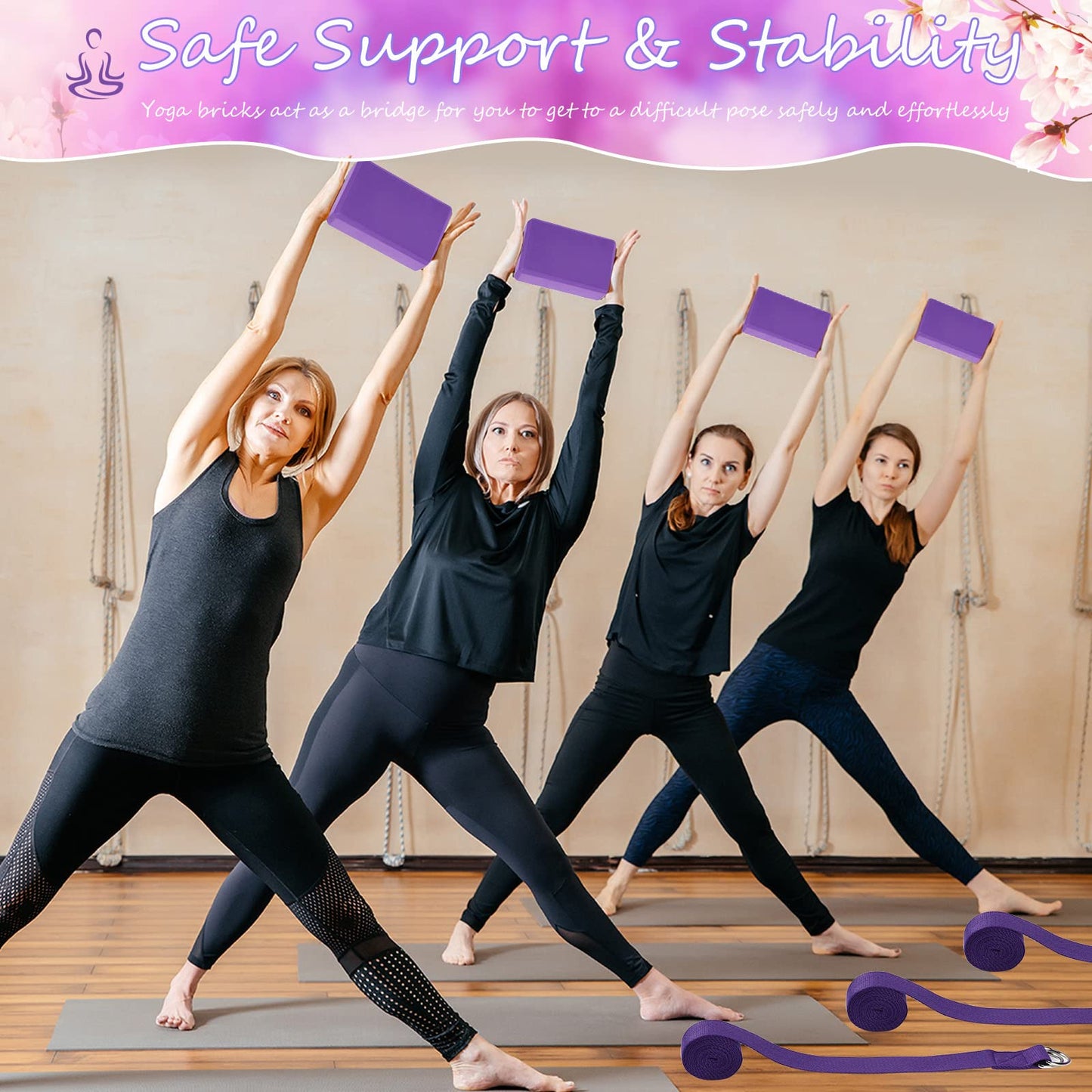 Outus 20 Pack Yoga Blocks and Straps Non-Slip EVA Foam Blocks with Metal D Ring Straps for Gym Exercise and Workout(Purple)