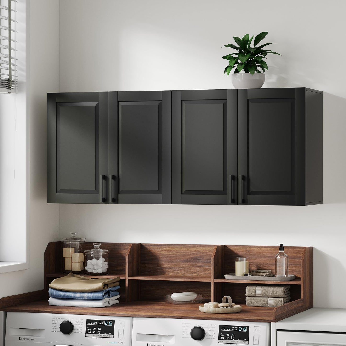 ChooChoo Laundry Room Cabinets, 4 Doors Wall Mounted Storage Cabinet, Kitchen Wall Storage, Bathroom Wall Cabinet, Black