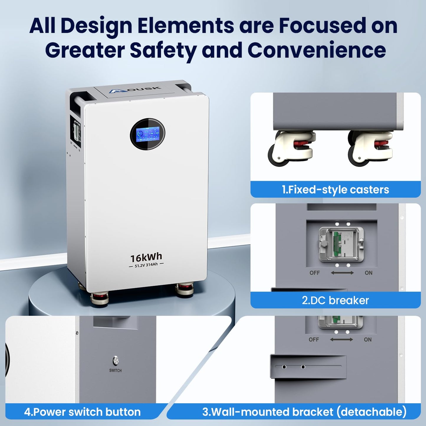 AOUSK 48V 314Ah Lifepo4 16.07kWh Lithium Battery, Build in 200A BMS High Capacity Energy Storage with Breakers, LCD Touchscreen, RS485/CAN/RS232, Ideal for Home Backup, Off-Grid, Solar System