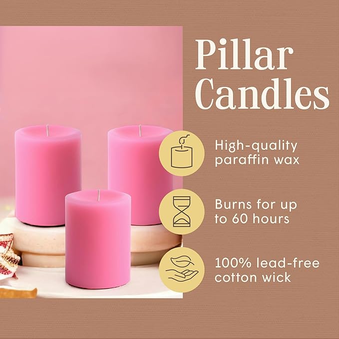 Mister Candle Dripless Unscented Pillar Candles, Set of 3 Hand Poured Solid Color Non-Scented Candles for Home Decor, Premium Wax, 60 Hr Burn Time - 3x4 Inch, Pink
