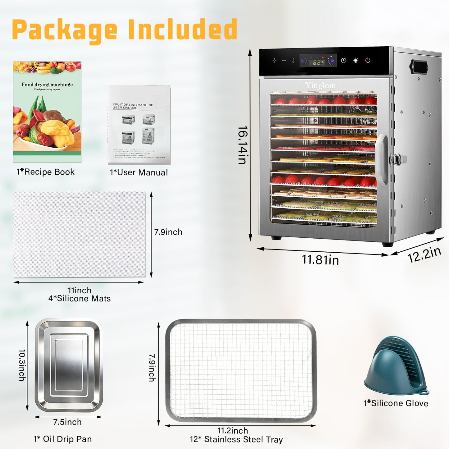 Food Dehydrator Machine with 12 Stainless Steel Trays, 800W Dual-Fan Dehydrator for Home, 24H Timer, 86-194℉ Temperature Control, LED Digital Dispiay for Jerky, Fruit, Vegetable, Herbs, and Dog Treats