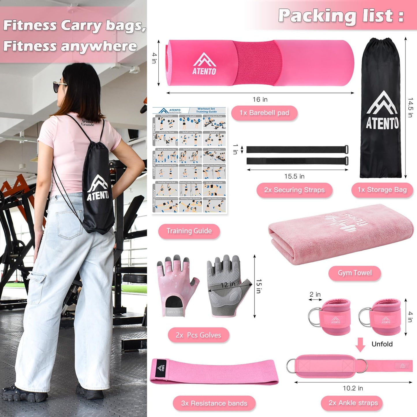 ATENTO 9Pcs Barbell Pad Set for Hip Thrusts, Thick Cushion Hip Thrust Pad for Relief Pressure from Neck Shoulder, Squat Pad Fits Standard Olympic Bars & Smith Machine, Weight Bar Pad for Bench Press, Lunges, Workout, Leg Exercise- Gym Accessories with Ank
