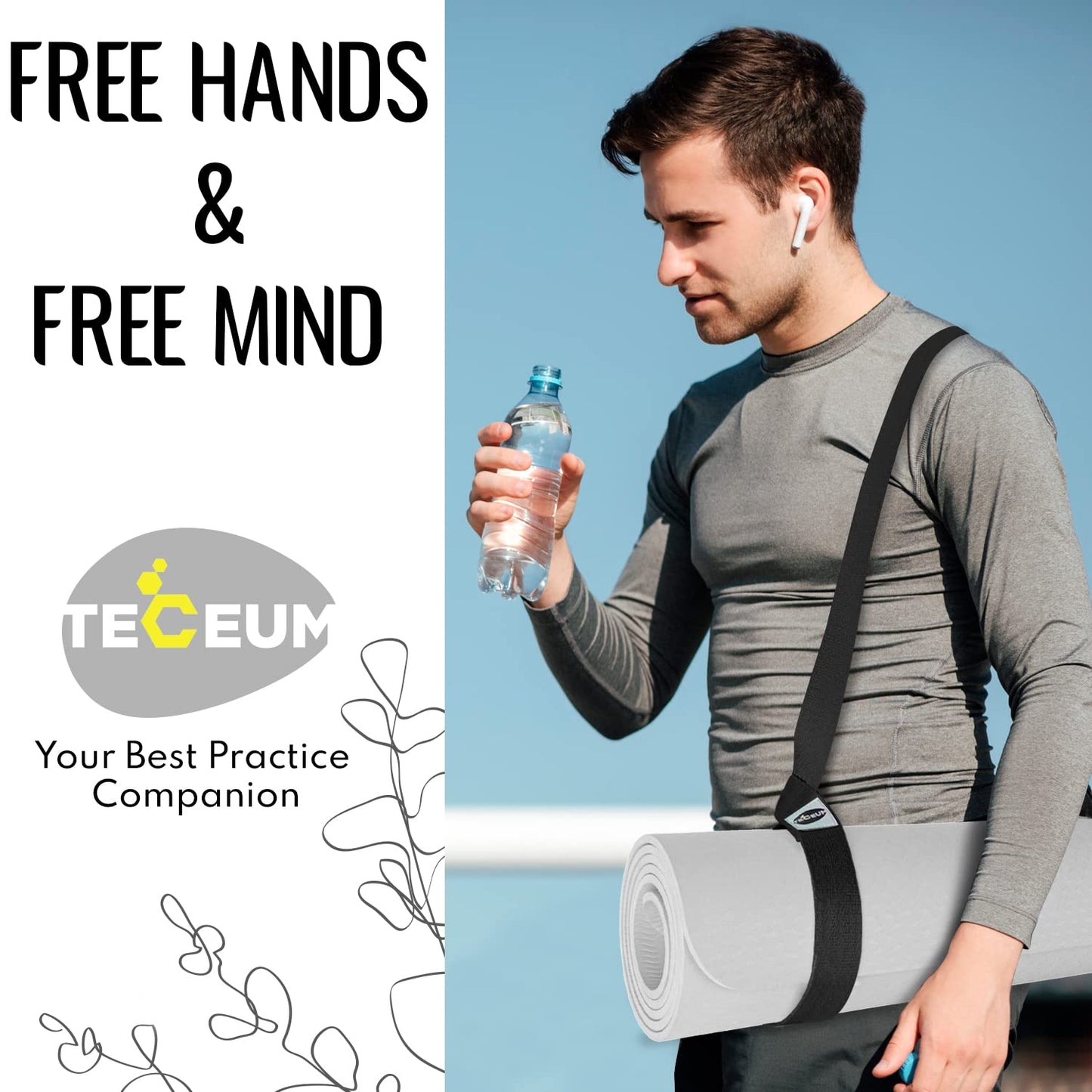 TECEUM Yoga Mat Strap – Black & 30+ Colors – Adjustable Mat Holder Sling Career for All Mats [Mat Not Included]