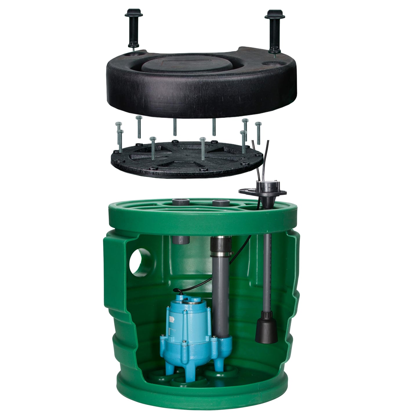 Little Giant 9JP2V2D Pit Plus JR Sewage Basin System with 115-Volt, 4/10 HP, 6000 GPH 9SC-CIM Sewage Pump, ECM Switch with 20-Ft. Cord, 2-inch Vent, 2-inch Discharge, Green/Blue/Black, 509687