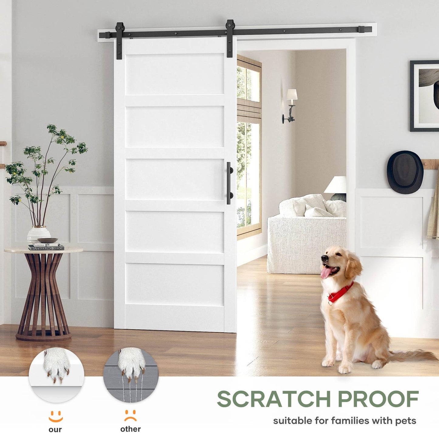 ROYMELO 38x84 Inch White Sliding Barn Door Slab with 6.6ft Hardware Kit Included, 5-Panel, MDF Wood Panel Covered with Water-Proof Scratch-Proof PVC Surface, Simple DIY Assembly