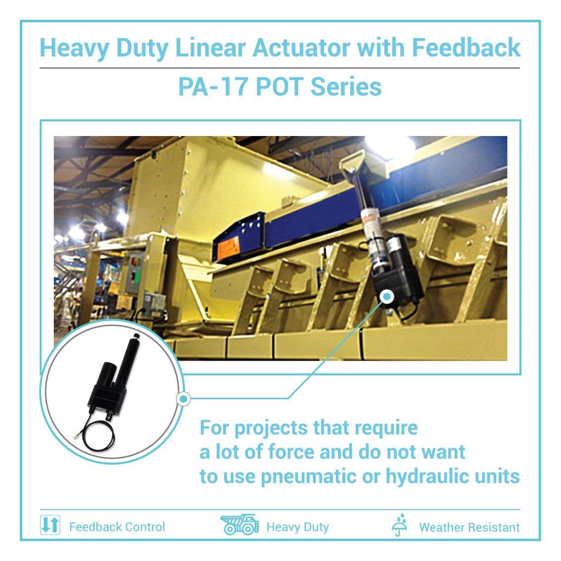 Progressive Automations 12V High Force Industrial Linear Actuator - 14 Inches Stroke, 2000 lbs Force, Positional Feedback, Built-in Potentiometer, Heavy Duty, IP65 Protection