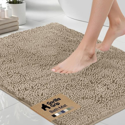 GORILLA GRIP Bath Rug Mat - Thick Absorbent Chenille | Quick-Dry Microfiber, 44x26, Gray Beige