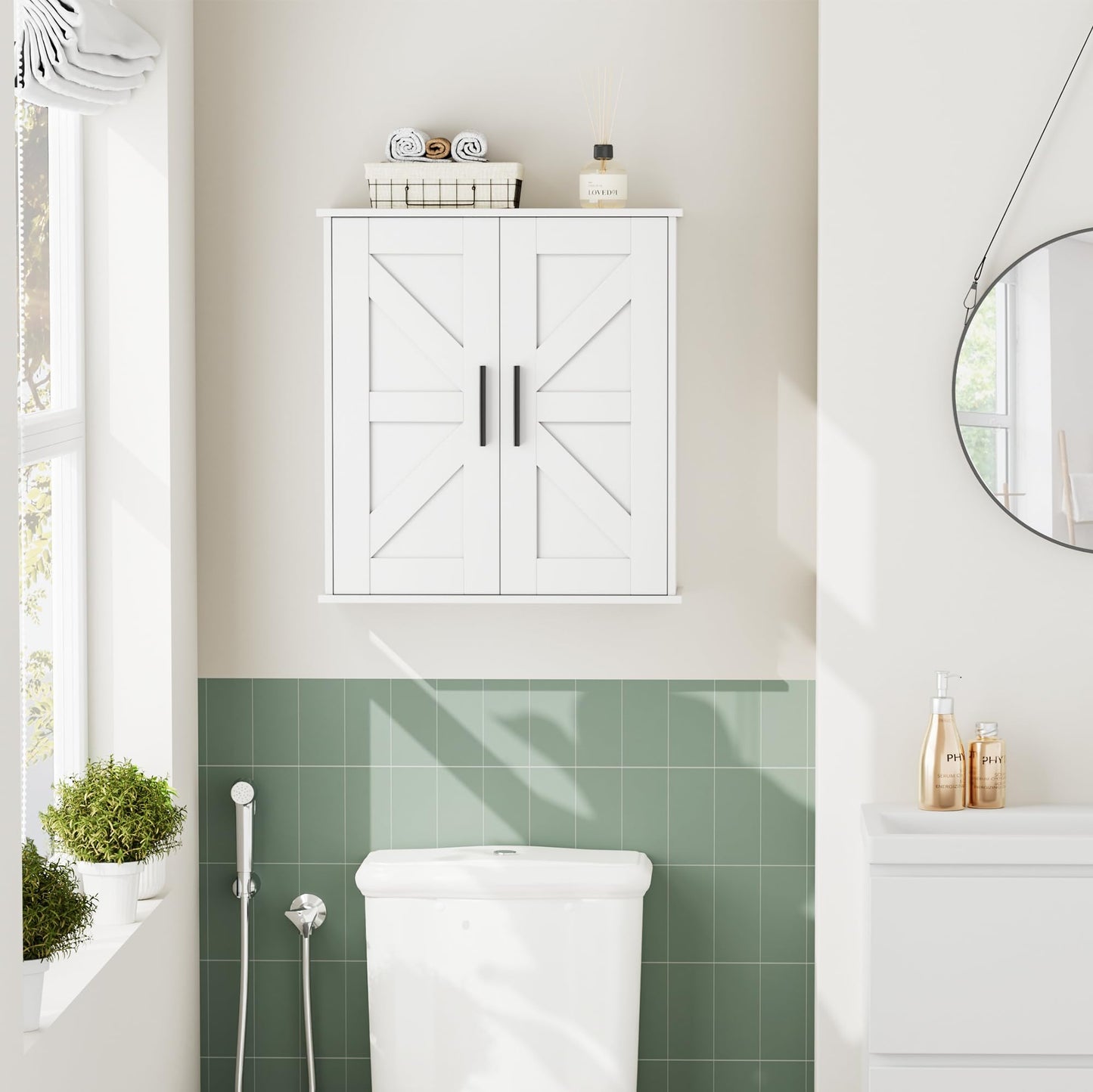 Homleke Bathroom Wall Cabinet, Over Toilet Storage Cabinet with Barn Doors and Adjustable Shelves, 3-Tier Medicine Cabinet Wall Mounted, for Bathroom, Kitchen, Entryway, Laundry Room, White, (7.9" D)