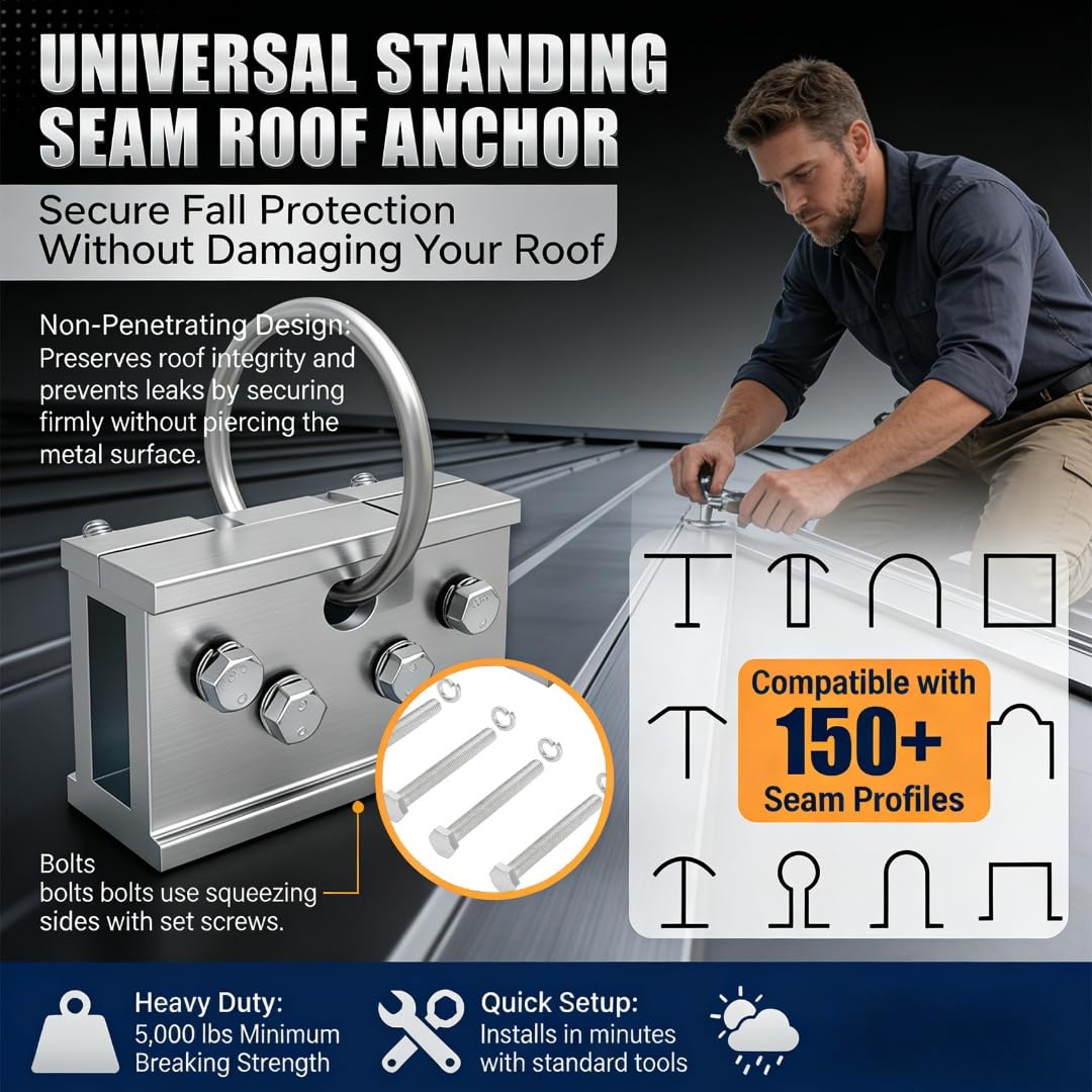 Upgraded Fall Protection Roof Anchor – 5,000 lbs Breaking Strength, OSHA/ANSI Compliant, Non-Penetrating Roof Clamp for Metal Roofs, Fits 150+ Seam Profiles, Portable Fall Protection Safety Anchor