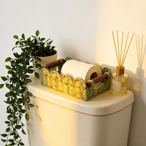 Handwoven Wicker Basket Set of 2 - Small Scalloped Toilet Paper Storage with Built-in Handles | Green