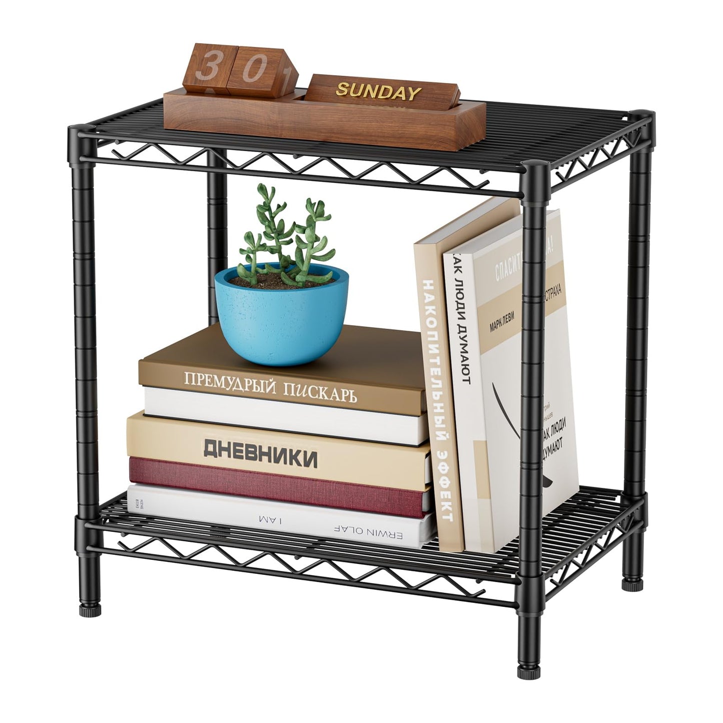 SINGAYE Bookshelf Shelves Bookcase Shelf: 2 Tier Small Shelving Unit Home Storage Organizer Wire Metal Adjustable Free Standing Display Shelf for Bedroom Living Room Office Pantry Black