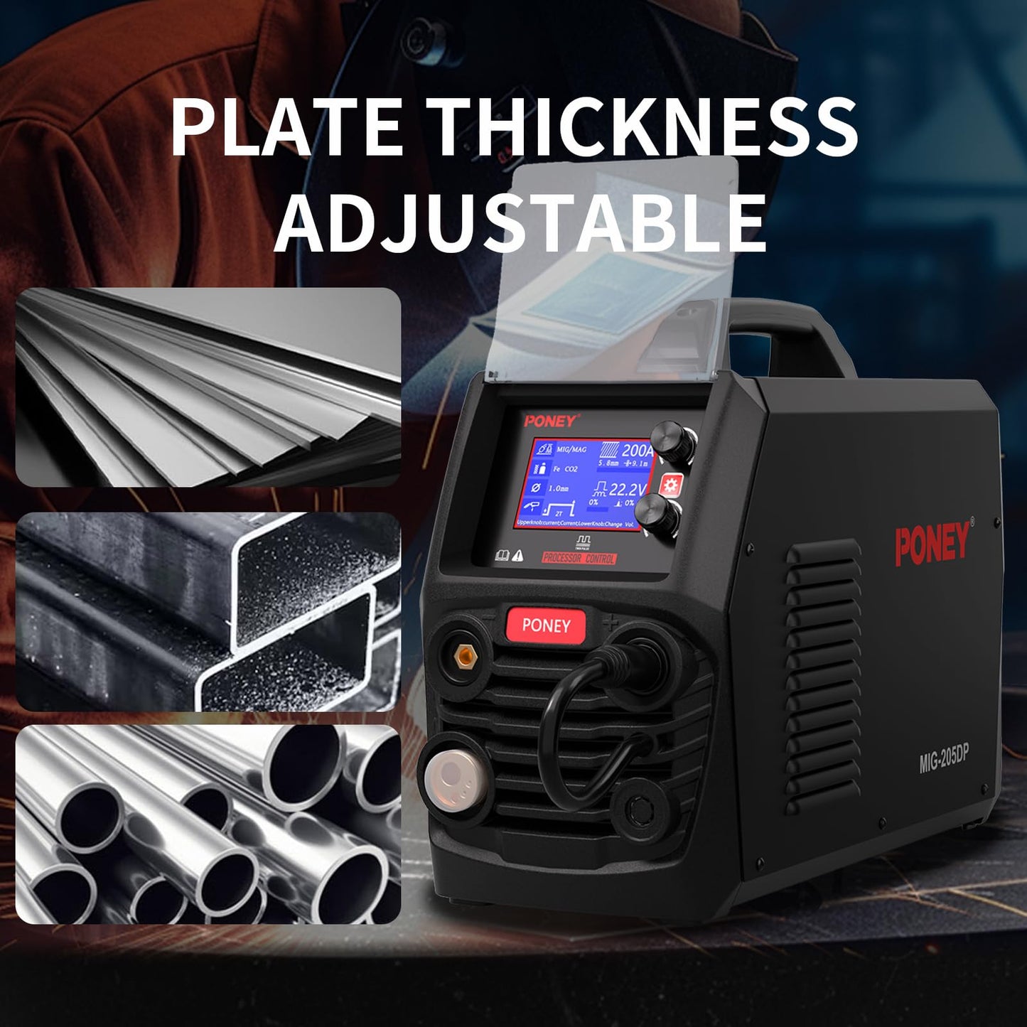 PONEY 200Amp Double Pulse MIG Aluminum Welder 9 in 1 MIG/MAG/FLUX/MIG Synergy/Single Pulse MIG/Double Pulse MIG/TIG LIFT/Spot Welding/MMA 220V Multi Process Welding Machine with LCD Digital Display