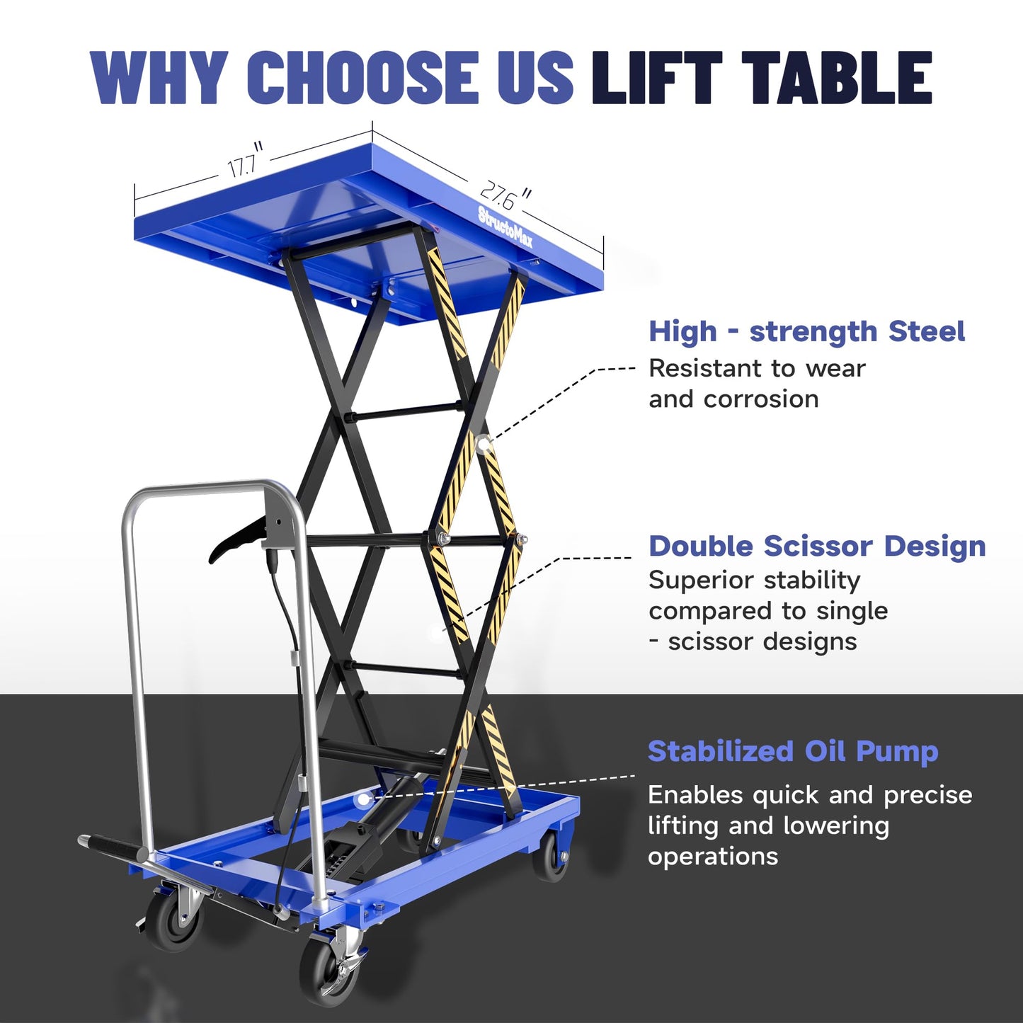 StructoMax Hydraulic Lift Table Cart - 330lbs Capacity, Easy Operation and Swivel Casters with Brakes - Double Scissor Lift for Material Handling and Transportation, Blue