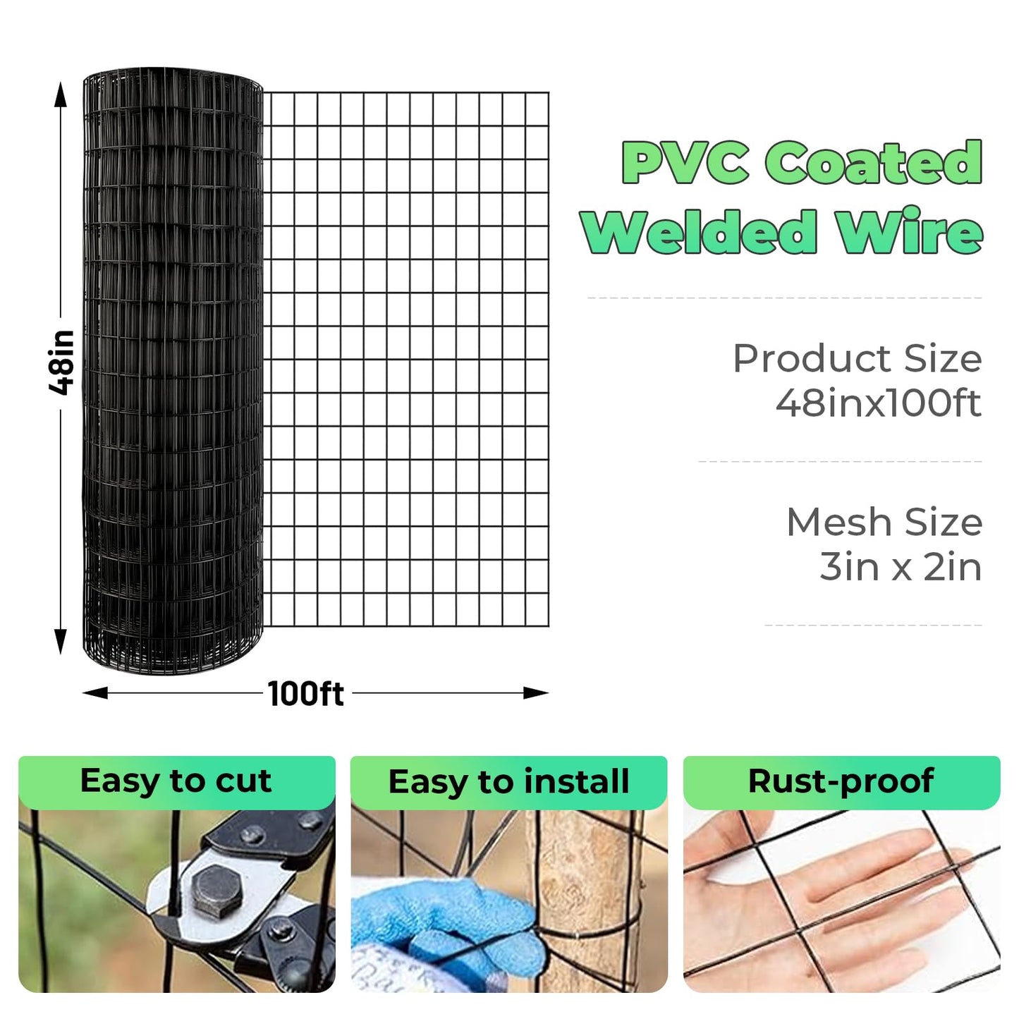 Garden Fence Black PVC Coated Welded Wire Fencing 48 Inch x 100 Foot, 2 Inch x 3 Inch 16GA, Garden Border Fencing Roll Vinyl Coating Metal Wire Mesh for Yard Vegetable Plant Protection Poultry Netting