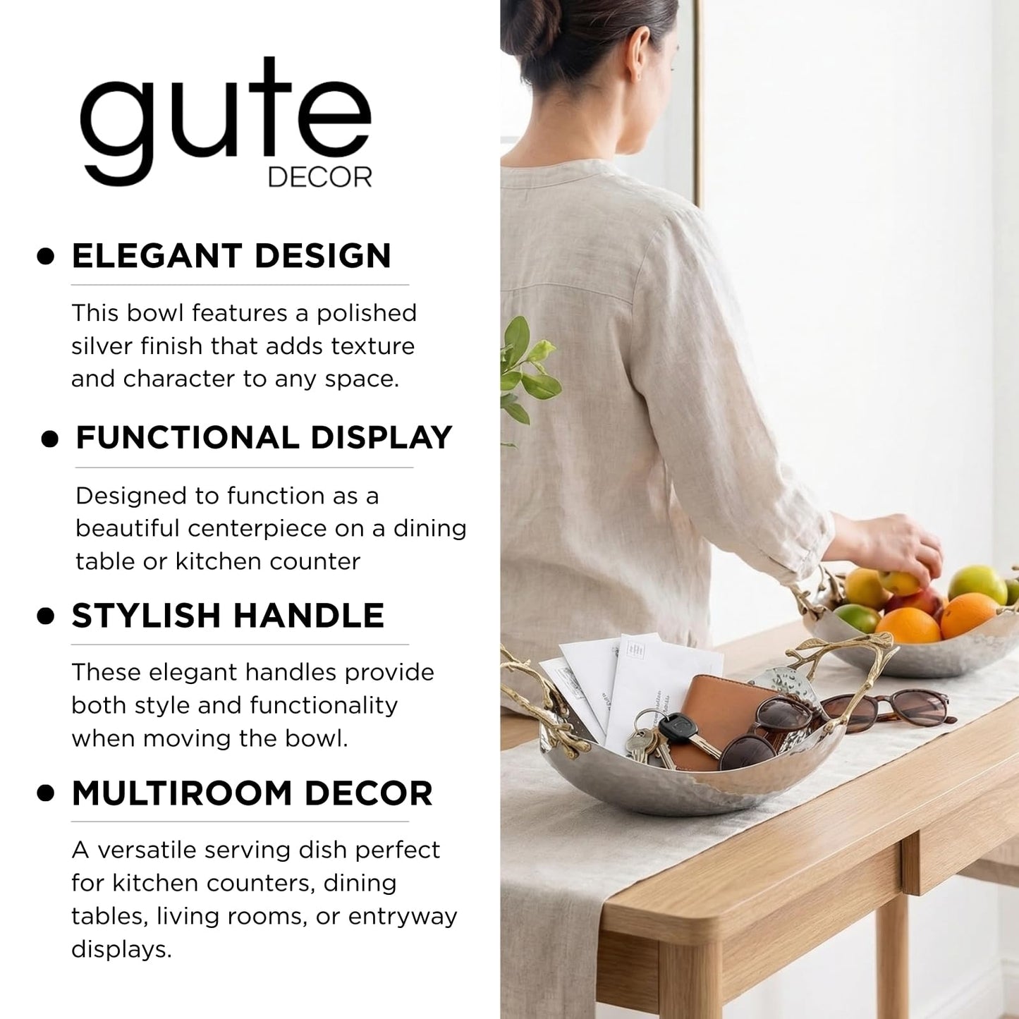 GUTE Decorative Silver Hammered Bowl, Single Piece, 13.78 x 9.45 x 5.51 Inch Stainless Steel Brass Gold Leaf Handle Basket Fruit Holder Organizer Centerpiece Display, Dining Living Room Decor Gift