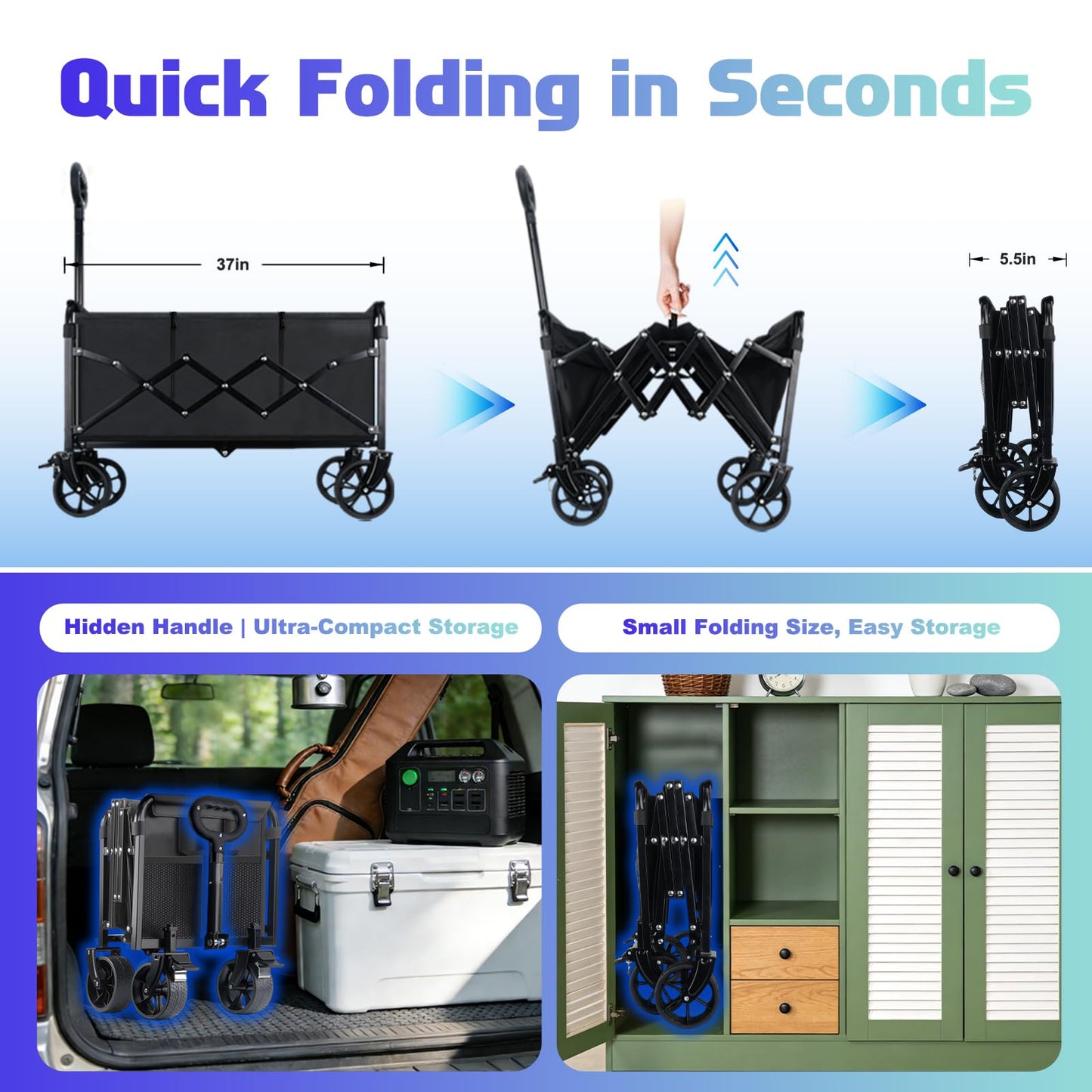 500LBS Collapsible Wagon Cart Foldable - 230L Large Heavy Duty Utility Cart with 360°Swivel Brake Wheels, Lightweight Collapsible Wagon for Groceries Camping & Beach