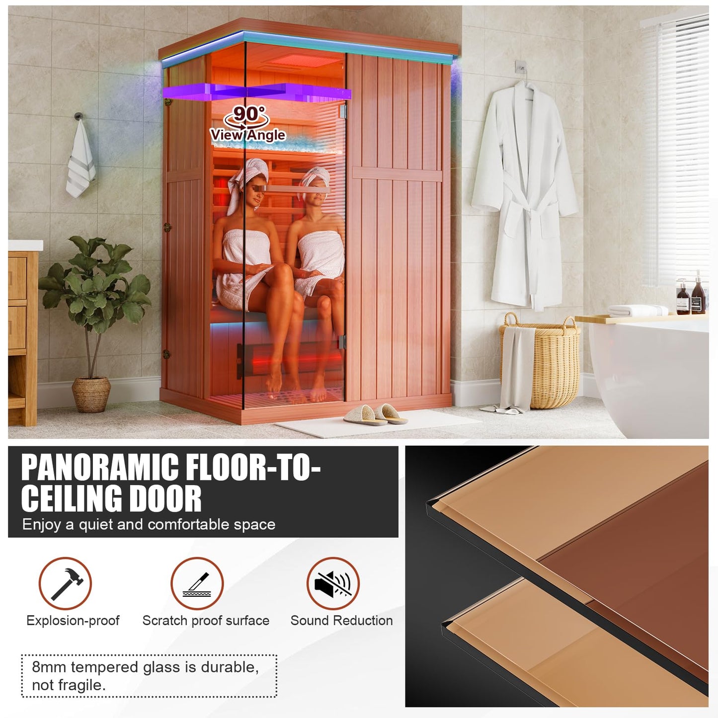 MEISSALIVVE Full Spectrum Sauna for Home, 2 Person Indoor Infrared SPA Room with 10 Minutes Warm-up Heat, Red Cedar Home Sauna Infrared Sauna with Bluetooth and Tempered Glass