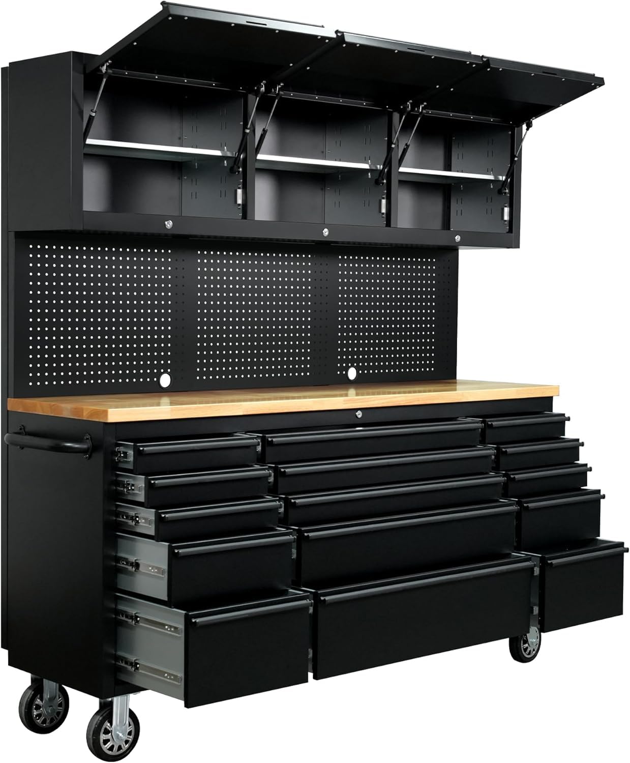 MERXENG 72-inch Rolling Tool Chest Cabinet Garage Workbench with 15 Storage Drawers and Wheels, 3 Upper Cabinet, Pegboard, Steel Large Tool Box for Garage Workshop, Matte Black