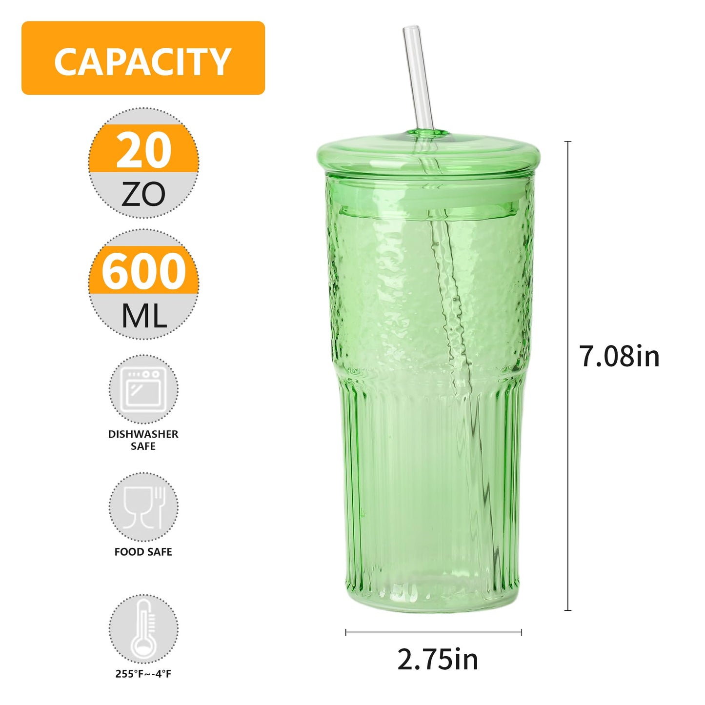 QWEZXO 20 OZ Glass Cup with Lids and Glass Straws, High Borosilicate Iced Coffee Glass Tumblers with Lid and Straw for Drinks, 2pcs Reusable Wide Mouth Smoothie Cup(Green)
