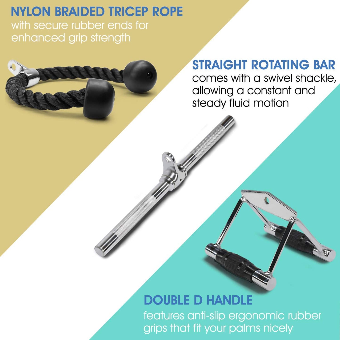 Yes4All Combo Double D Handle, Tricep Rope & V-Shape Bar, Multi Cable Machine Accessories, Tricep Press Down Cable Machine Attachment, LAT Pulldown Attachments for Home Gym Set