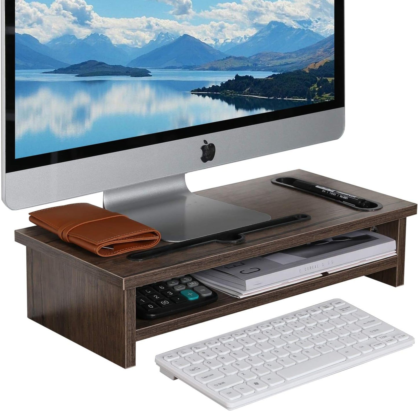 Management,2 VECELO Wood Computer Monitor Stand Riser,TV/Laptop/Printer/PC Desk Shelf with Cellphone Holder and Cable