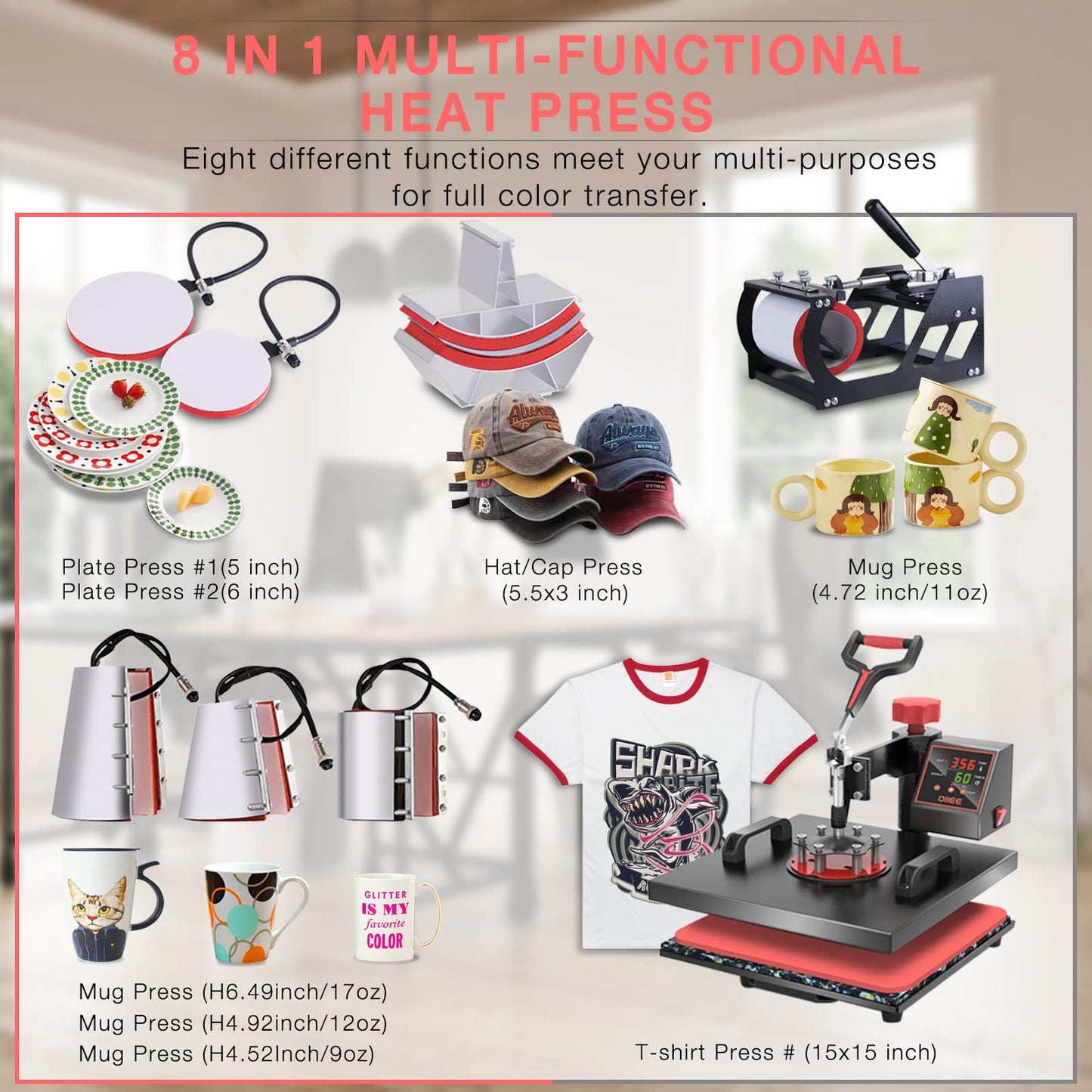 OIIEE Heat Press Machine 8 in 1 Combo Heat Press 15 x 15 Inch Heat Transfer Machine 360-Degree Swing Away Digital Shirt Printing Multifunction Heat Transfer Sublimation for T Shirts Mugs Hat Plate Cap