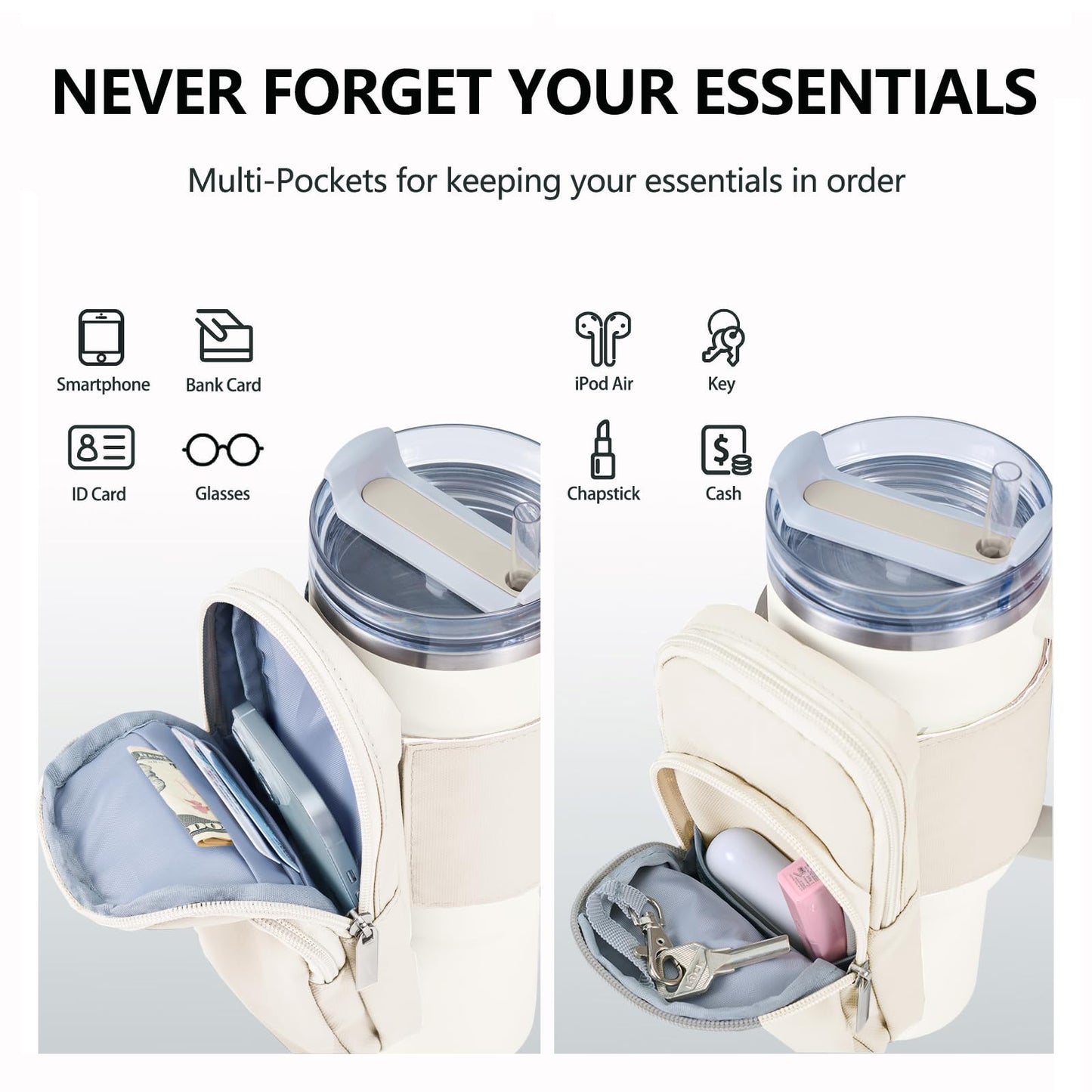 SUITMAT Water Bottle Pouch for Stanley Quencher Series Tumbler, Pouch Bag for Stanley Cup Accessories, Cup Backpack with Multiple Pockets for Phone, Cards, Keys (Bag Only)