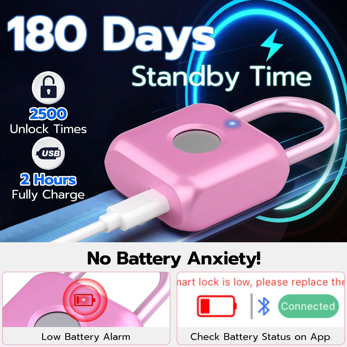 Fingerprint Padlock,Smart Padlock APP Control,Fingerprint Locker Lock,Gym Lock USB Rechargeable for Gym Locker,Locker, School,Storage Pink