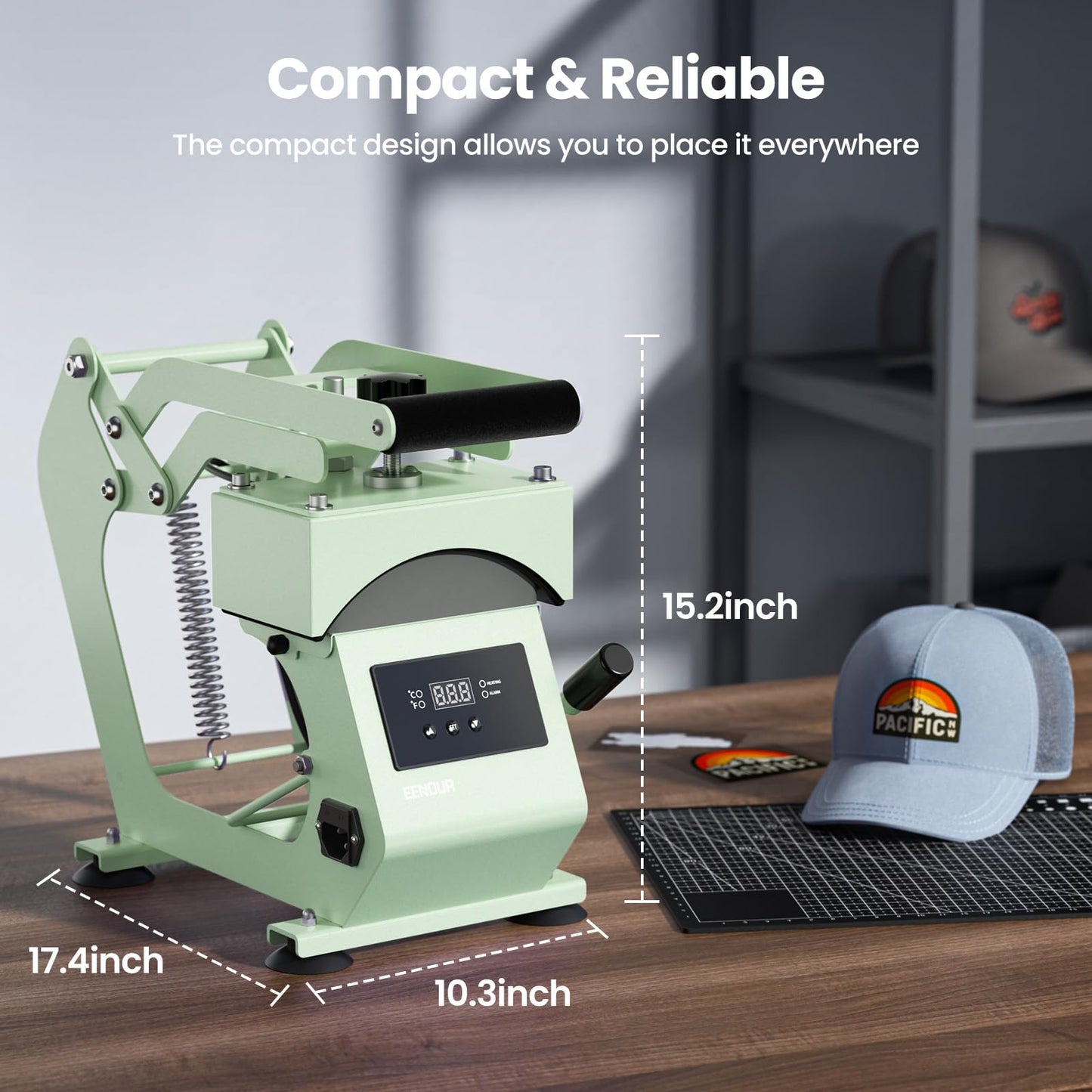 Hat Press Heat Machine for Caps with 2 Platens, Precise Temp&Timer Control, Hat Heat Press with Timer Auto Starter, Sublimation Hat Press for Trucker Hat & Iron on Vinyl, Heat Transfer (Light Green)