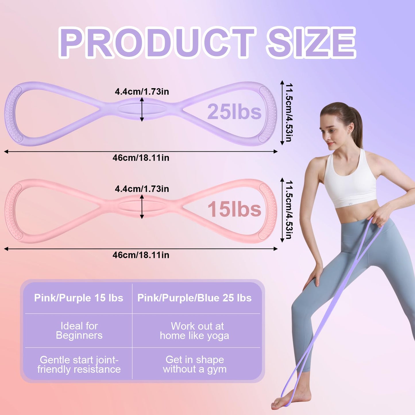 PolaZIA Figure 8 Resistance Band: Resistance Bands with Handles for Working Out - 8 Shaped Resistance Bands for Women - Exercise Bands for Arms - Fullbody Yoga Pulling Rope (15lbs Pink+25lbs Purple)