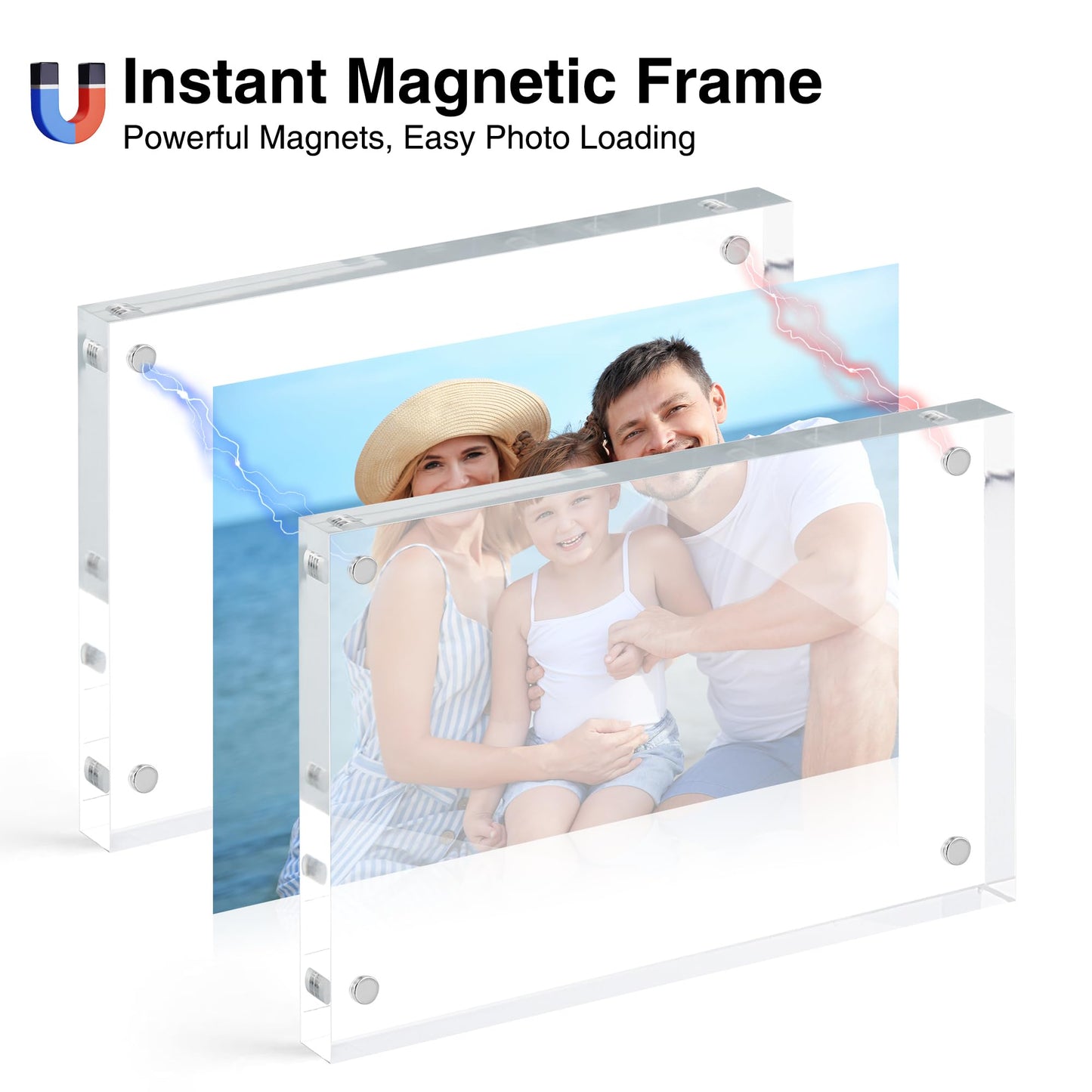 HOUSE DAY Acrylic Picture Frames 5x7, 6 Pack Magnetic 5x7 Picture Frame, Double Sided Clear 5 x 7 Photo Frame with Microfiber Cloth, Frameless FreeStanding 5x7 Frame Gift for Desktop Display
