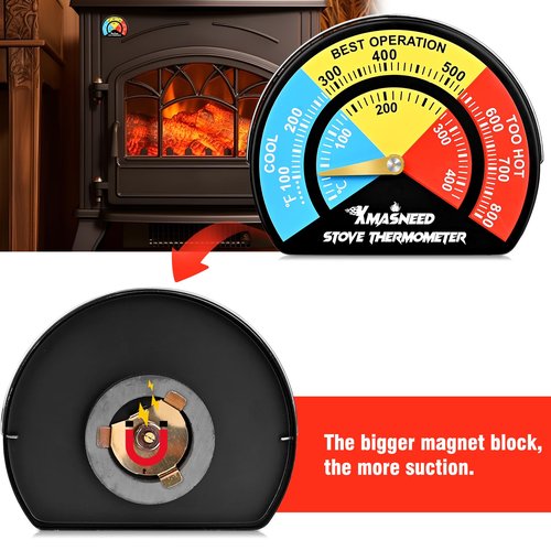 Magnetic Fireplace Thermometer - Large Size, Stove Top Temperature Gauge for Wood Burning Stove & Pellet Stoves (1PCS)