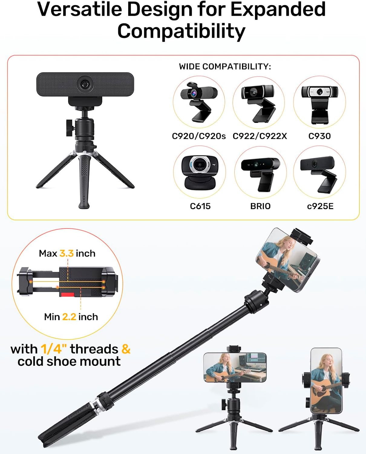 jidinung C920 C922 C922x C925e C930 C930e C615 4K N60, 1/4" Webcam Tripod for Desk, Extendable Web Cam Stand Mount