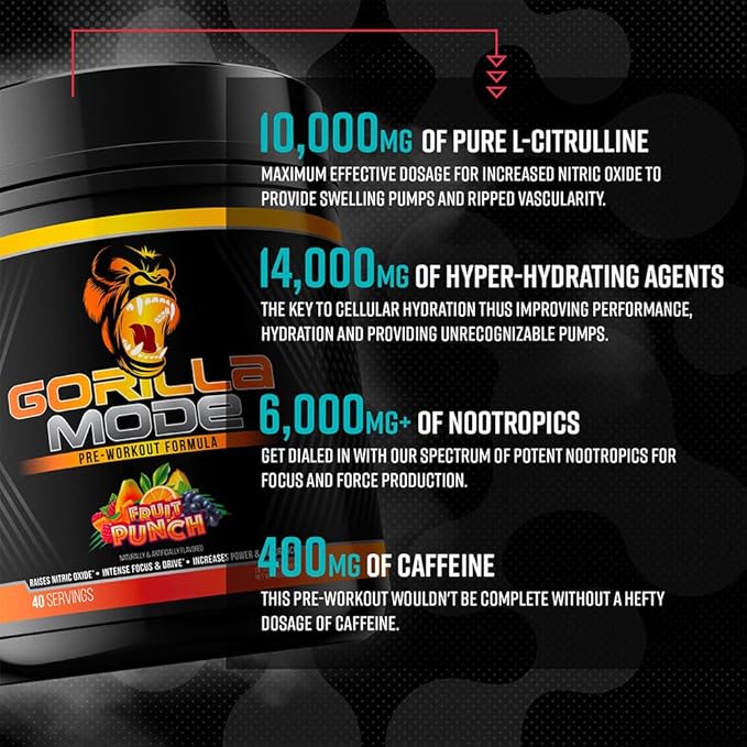 Gorilla Mode Pre Workout - Massive Pumps · Laser Focus · Energy · Power - L-Citrulline, Creatine, L-Tyrosine, Betaine, Hydroprime®, Alpha-GPC, 400mg Caffeine, Huperzine A - 620g (Bombsicle)