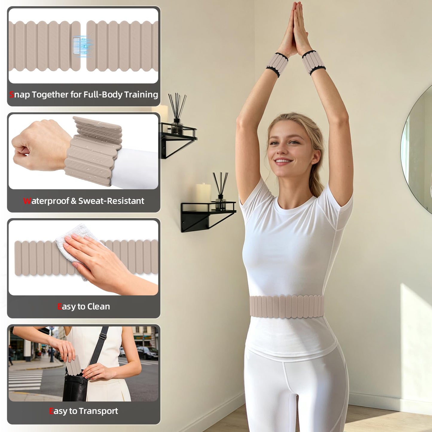 Abahub Wearable Wrist & Ankle Weights Set of 2, Stackable Magnetic Weighted Bracelet for Women, Waterproof Silicone Arm Leg Weights for Home Gym Workout, Walking, Yoga & Pilates - Beige, 2.2LB