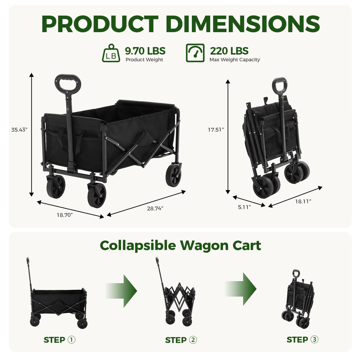 DUMOS Collapsible Wagon Cart, Heavy Duty Foldable Utility Wagon with Wheels – 220 lbs Capacity, Flexible Handle for Beach, Garden, Sports, Grocery & Camping, Black