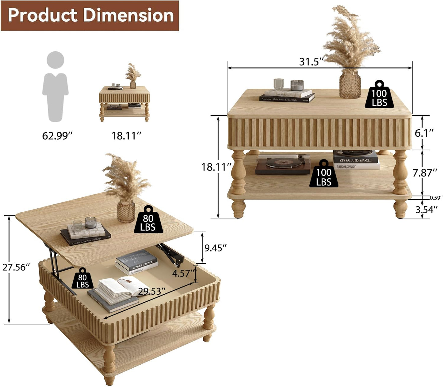 Harr Lift Top Square Coffee Table with Storage, 31.5'' Sofa Side End Table, Fluted Design Hydraulic Raising Mechanism, Hidden Compartment & Open Shelf, Retro Solid Wood Legs for Living Room, Natural