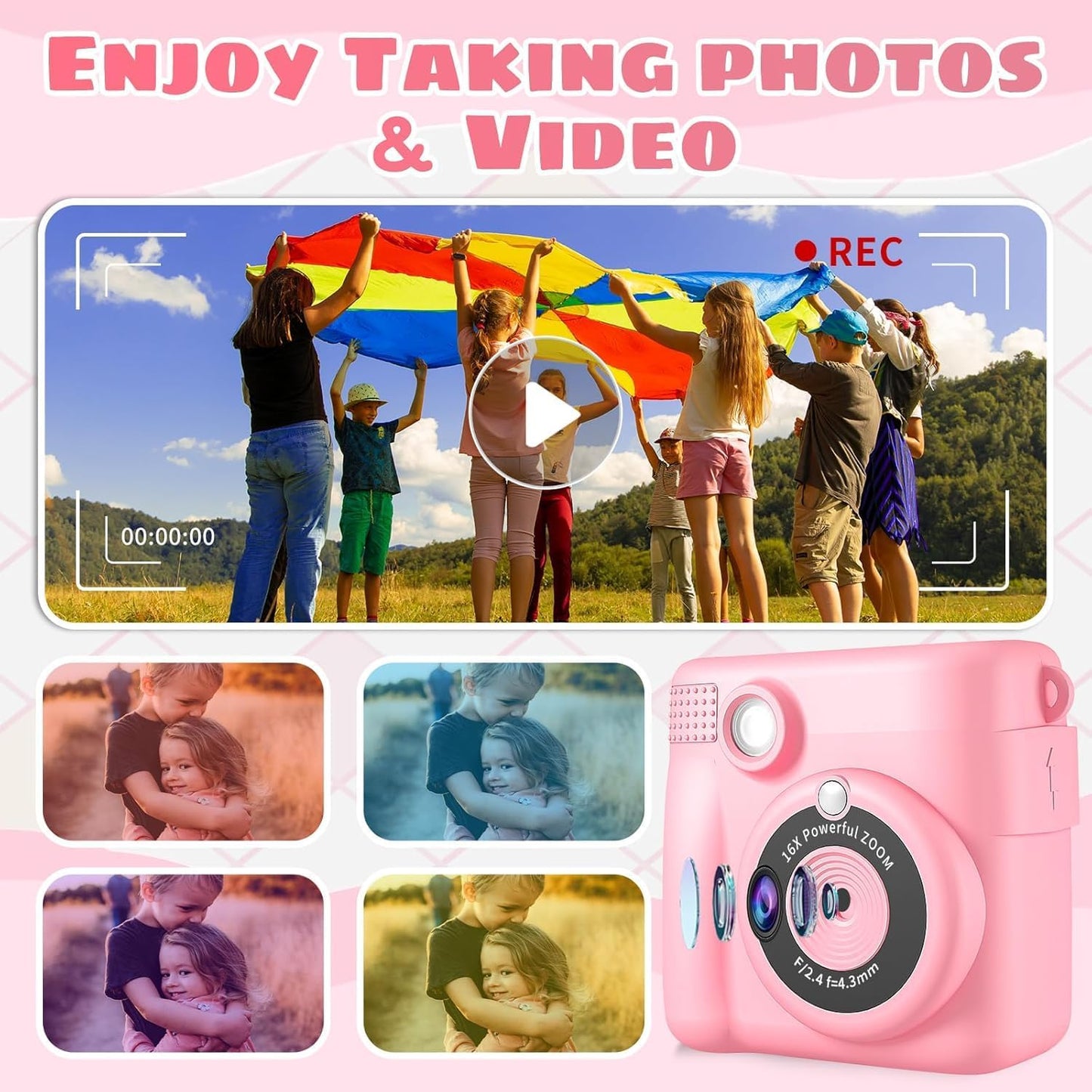 WEEFUN 16X 32G 2.4Screen 4 5 6 7 8 9 10 Kids Camera Instant Print, Safe Toddler Camera, HD Digital Cameras Digital Zoom