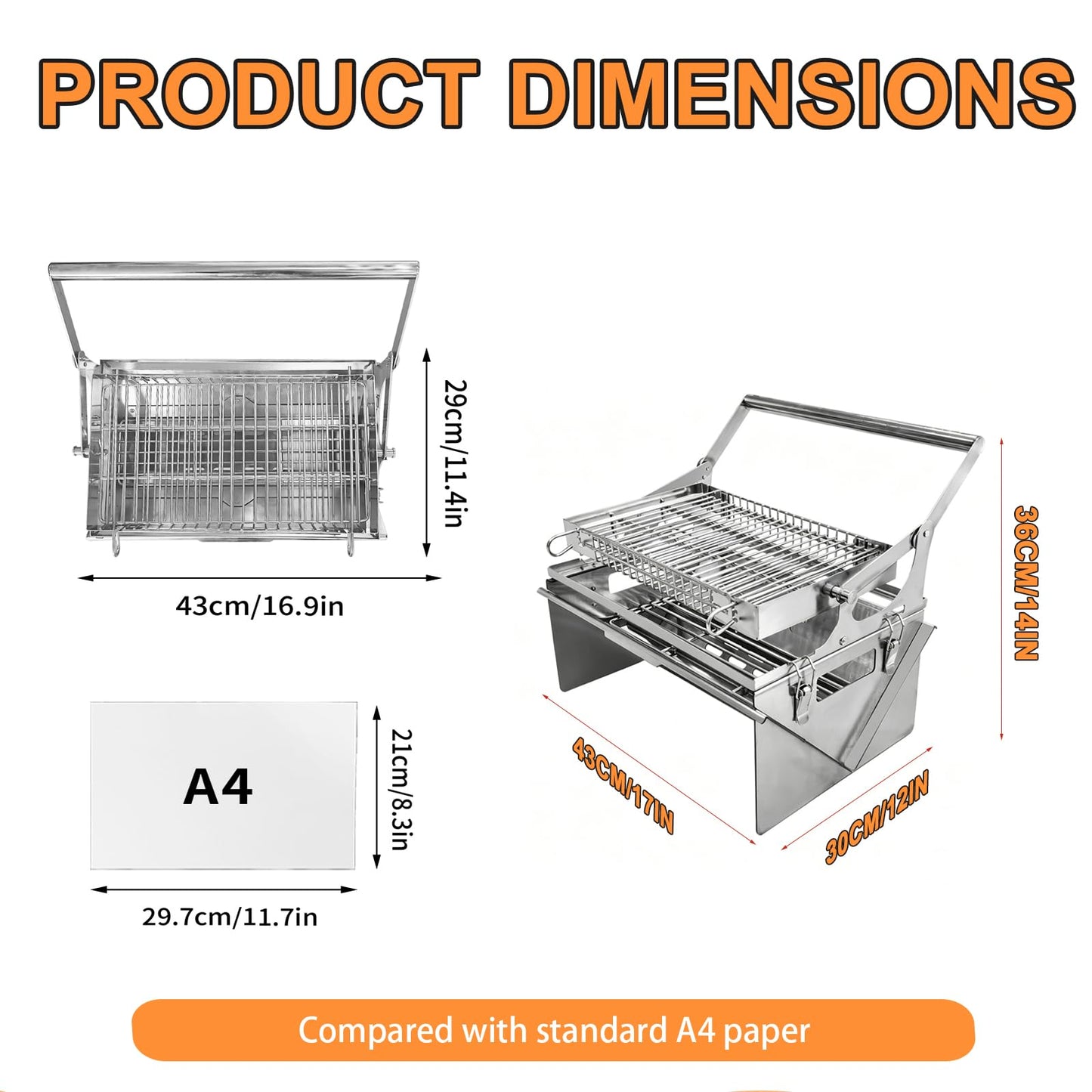 Portable 360°Rotating Charcoal Grill with Flipping Basket - 304 Stainless Steel Barbecue Grill for Camping, Tailgating, and Outdoor Adventures, Easy to Disassemble, Includes BBQ Bag New Upgrade