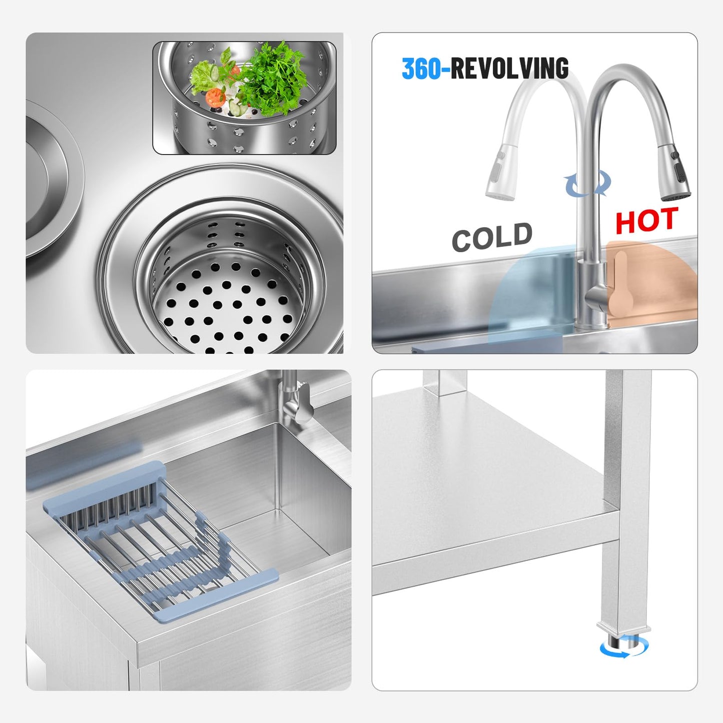 Double Bowl Kitchen Sinks Set w/Hot and Cold Faucet,Stainless Steel Utility Sink for Kitchen and Bathroom Farmhouse Style