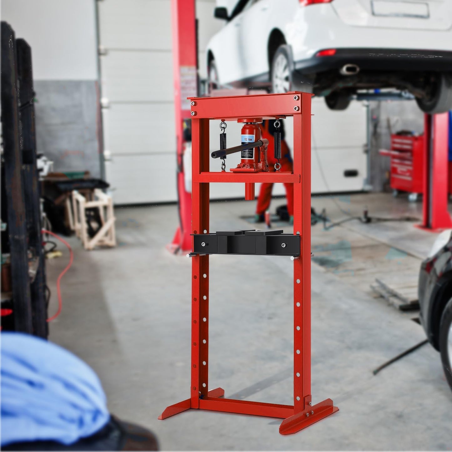 12T Hydraulic Press, 12 Ton H-Frame Garage Floor Hydraulic Shop Press, Adjustable Hydraulic Press with Plates, for Bearings & Ball Joints, Red