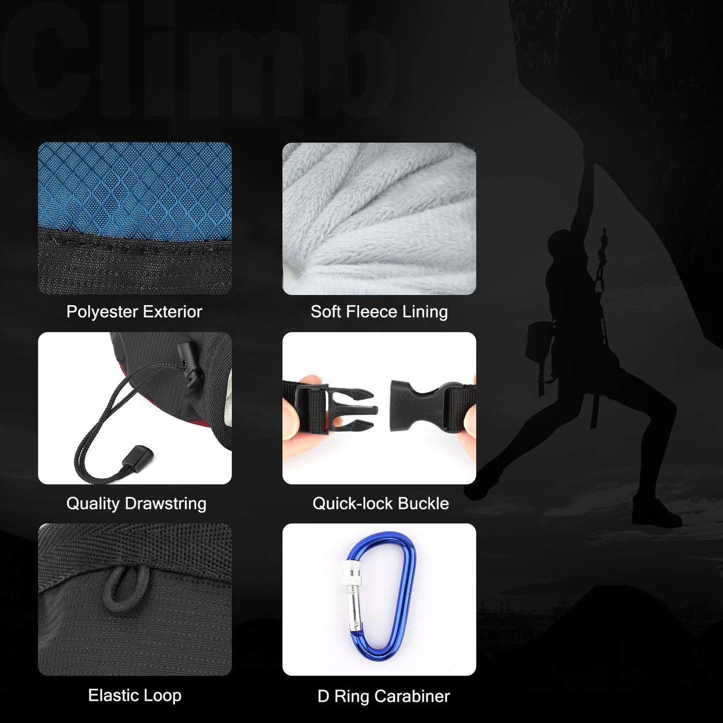 Rhino Valley Climbing Chalk Bag, No Leak Drawstring Chalk Bag with Adjustable Belt, Carabiner Clip and Zippered Pockets Chalk Bag for Rock Climbing, Cross Fit, Weight Lifting & More,Black & Royal Blue