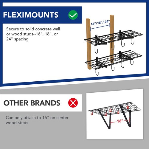 FLEXIMOUNTS Garage Wall Shelving - 2-Pack 1x3 Ft | Includes 8 Bike Hooks & 300 Lbs Capacity