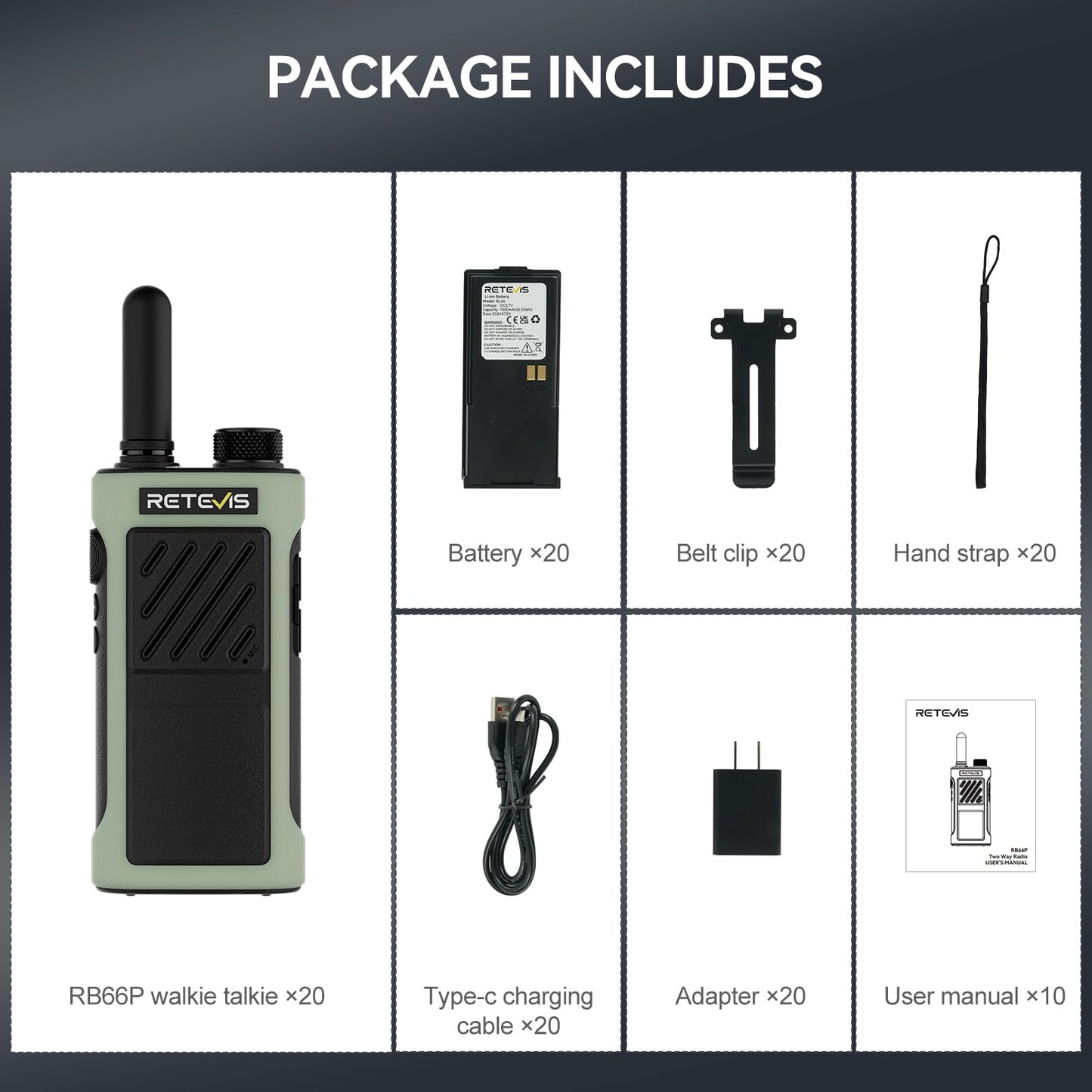 Retevis RB66P Fast Charging 2 Way Radio, Commercial Walkie Talkies,1500mAh Battery,USB-C Charging,Two Way Radio Long Range for School Nursing Home (20 Pack)