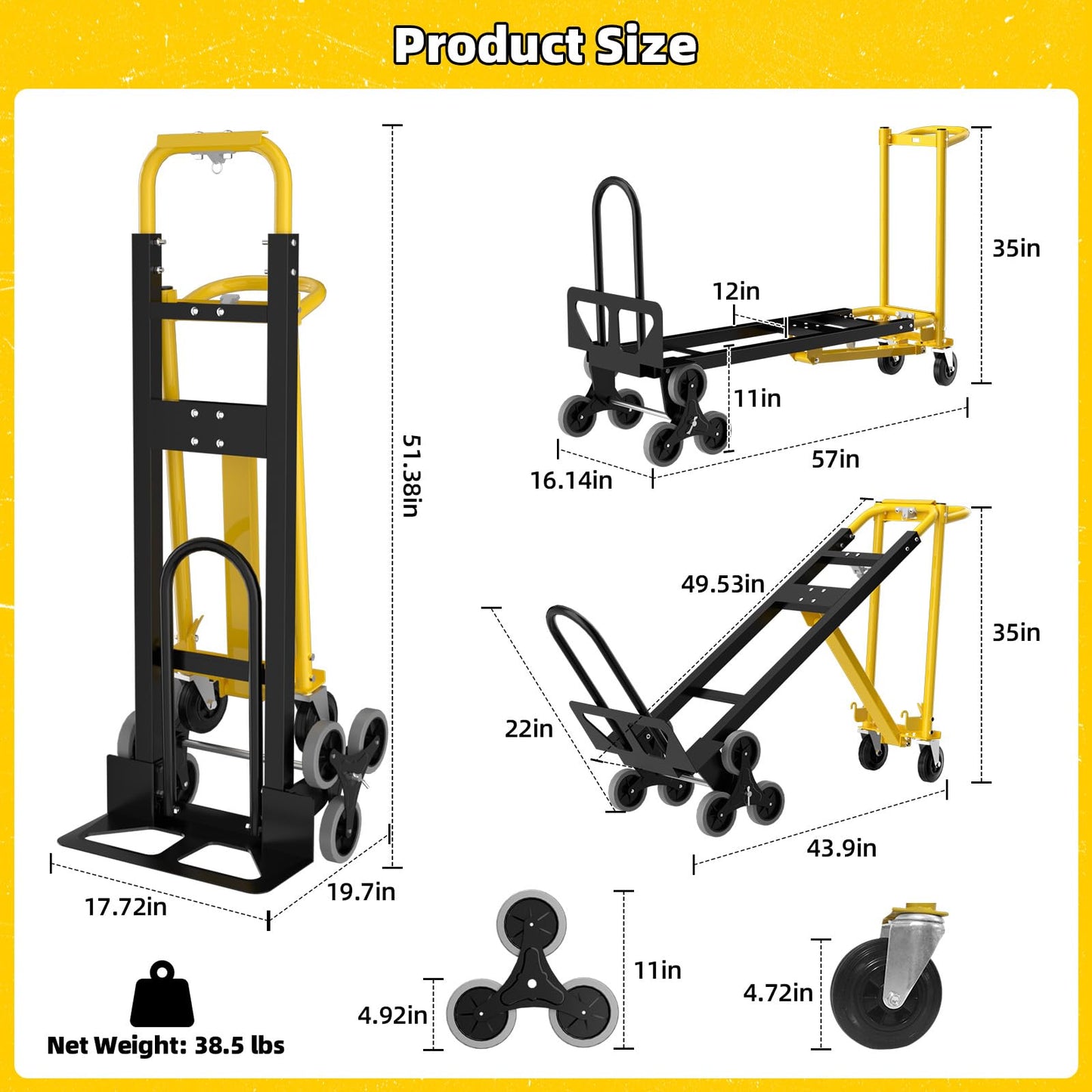 4 in 1 Convertible Hand Truck Dolly Cart with Wheels, 1000Lbs Capacity, Heavy Duty Stair Climbing Hand Trucks with Bungee Cord & Strap for Flat Ground & Stairs, Logistics, Home, Office, Yellow