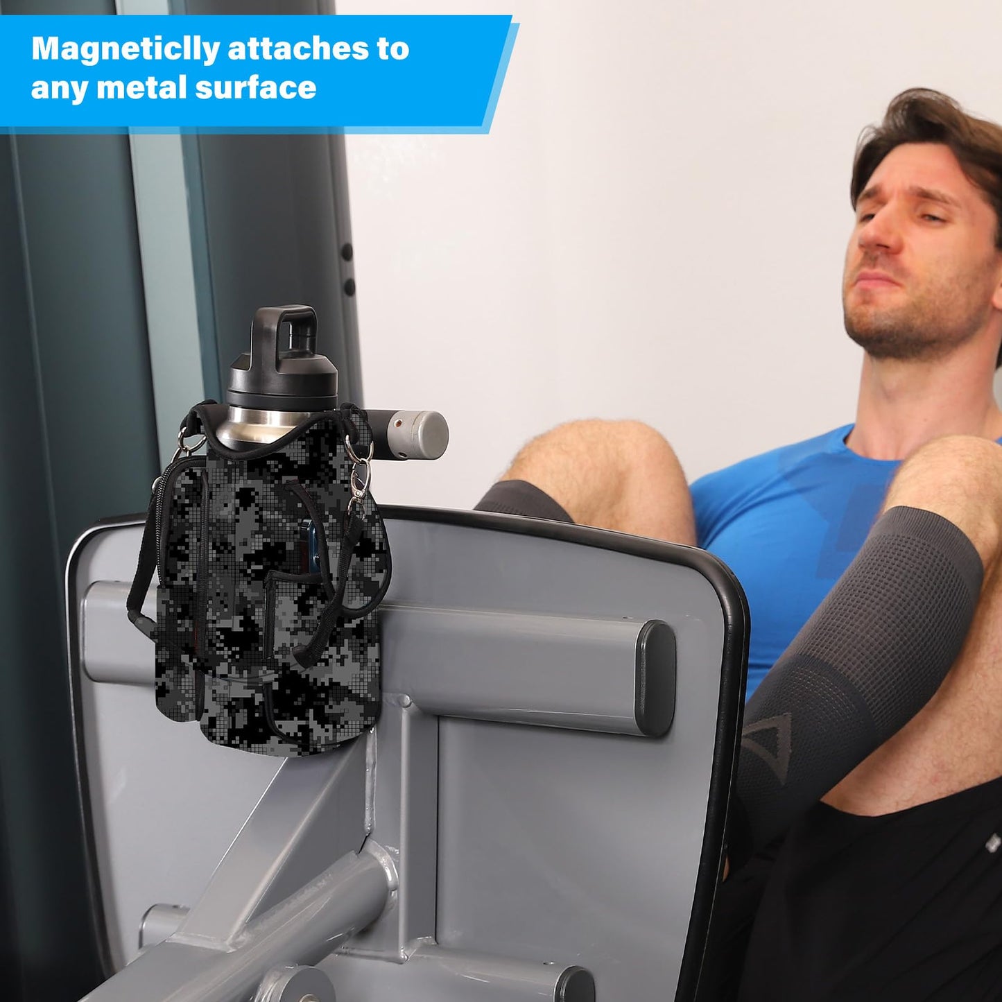 icolor Magnetic Gym Bag Water Bottle Holder with Phone Pockets,5 Built-in Magnets Gym Magnetic Bag Pouch Attach to Fitness Equipment,Diameter 3.9" Bottle Carrier Sling Bag