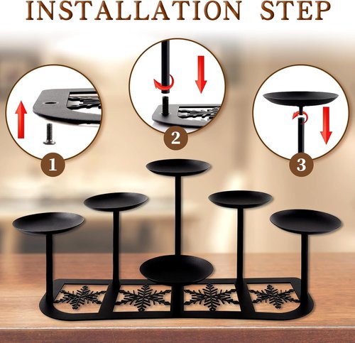 Fireplace Candelabra | Matte Black Metal Candle Holder with 6 Stands for Pillar Candles - Elegant Mantle Decor