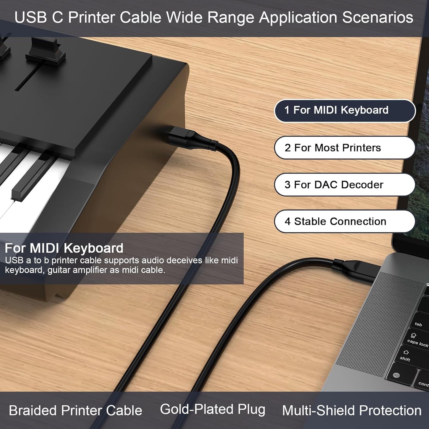 10 USB C Printer Cable Feet Long USB B to USB C Printer Scanner Cord to Computer for MacBook Pro/Air, iPad Pro/Air, HP