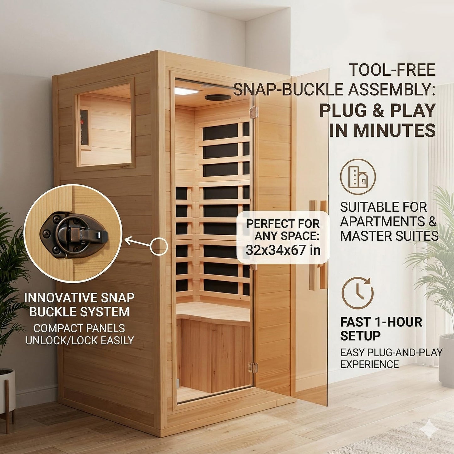 DWKWE 1 Person Low EMF Far Infrared Sauna, Natural Spruce Wood Compact Home Sauna, 1200W 110V, Bluetooth & Reading Light, 6mm Tempered Glass, Small Space Personal Sauna